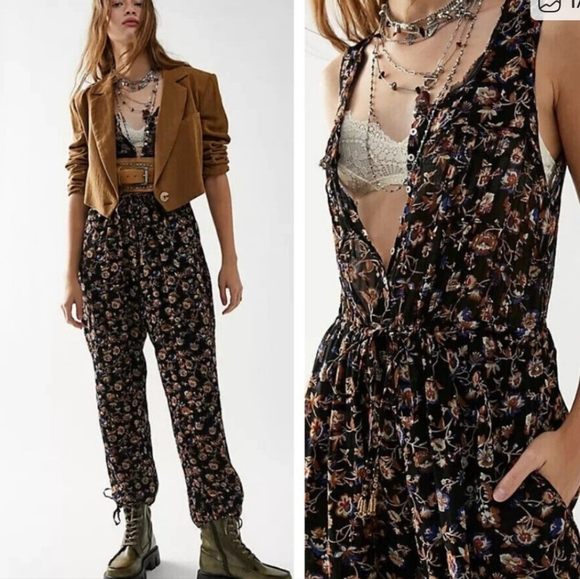 Free People Samara Sleeveless Plunging Neckline Floral Print Tapered Jumpsuit - Picture 12 of 12